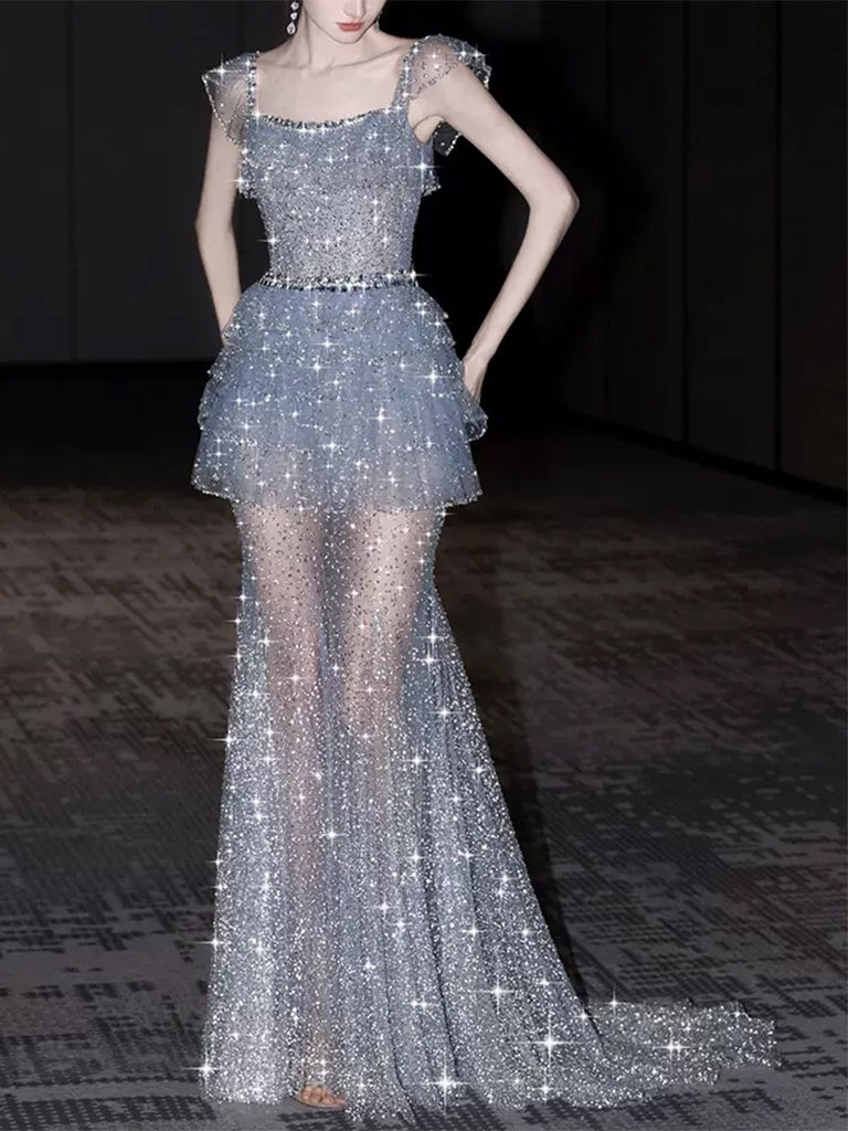 Robe de Soirée Sirène/Trompette Sans Bretelles, Longueur Au Sol, avec Perles