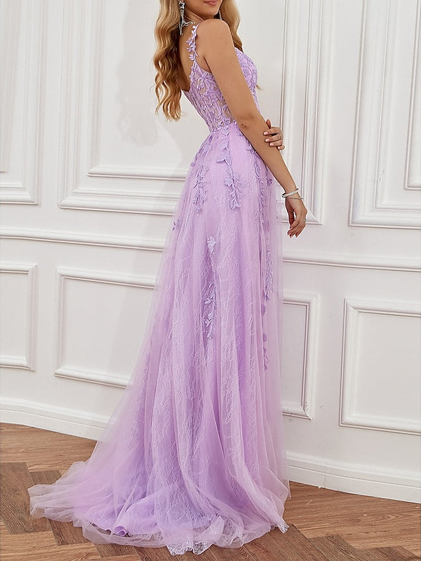 Robe de Bal Trapèze à Traîne Courte Sans Manches en Tulle Dos Nu avec Décolleté en Cœur et Applications Fendues en Perles