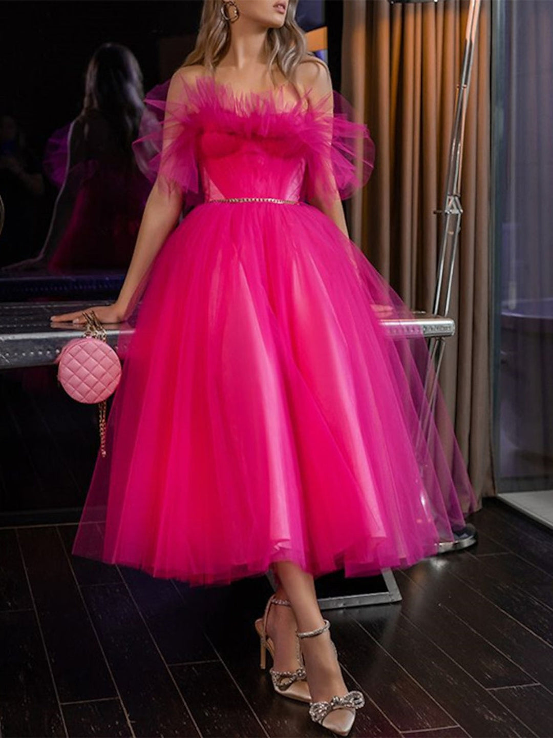 Robe de Bal Trapèze Longueur Thé Sans Manches en Tulle et Organza avec Plis