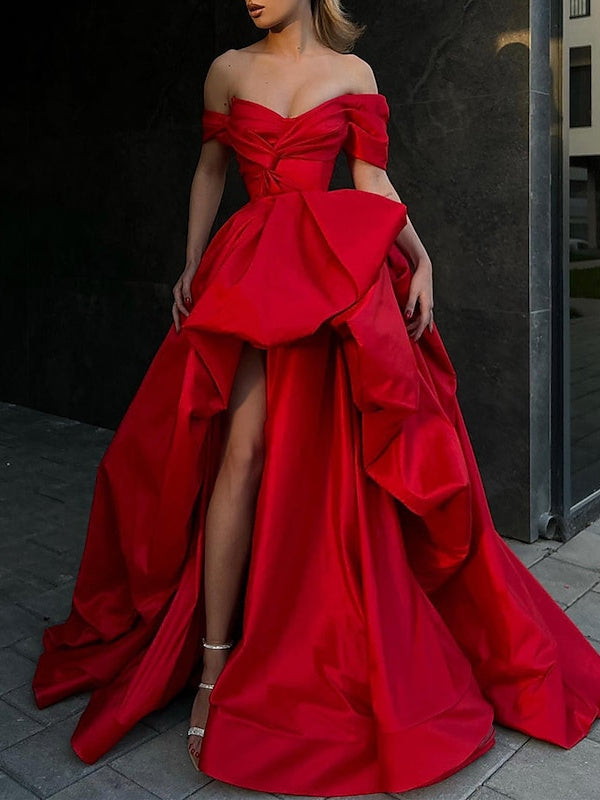 Robe de Bal Trapèze en Satin Sans Manches avec Traîne à Balayage et Épaules Dénudées et Fente