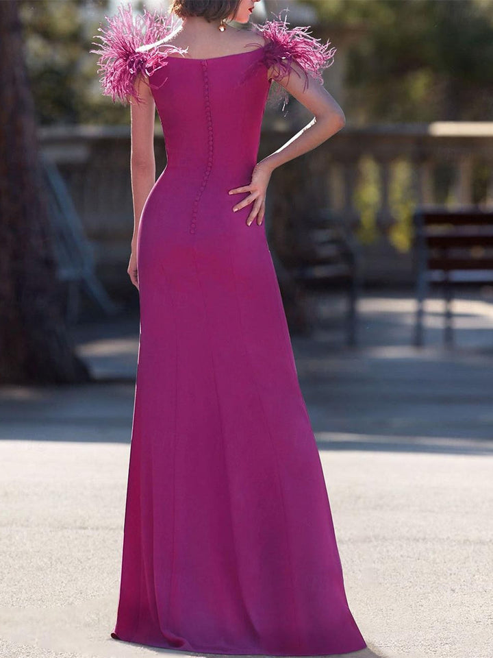 Robe de Bal Sans Manches à Col en V et Longueur Au Sol en Crêpe Extensible avec Plumes