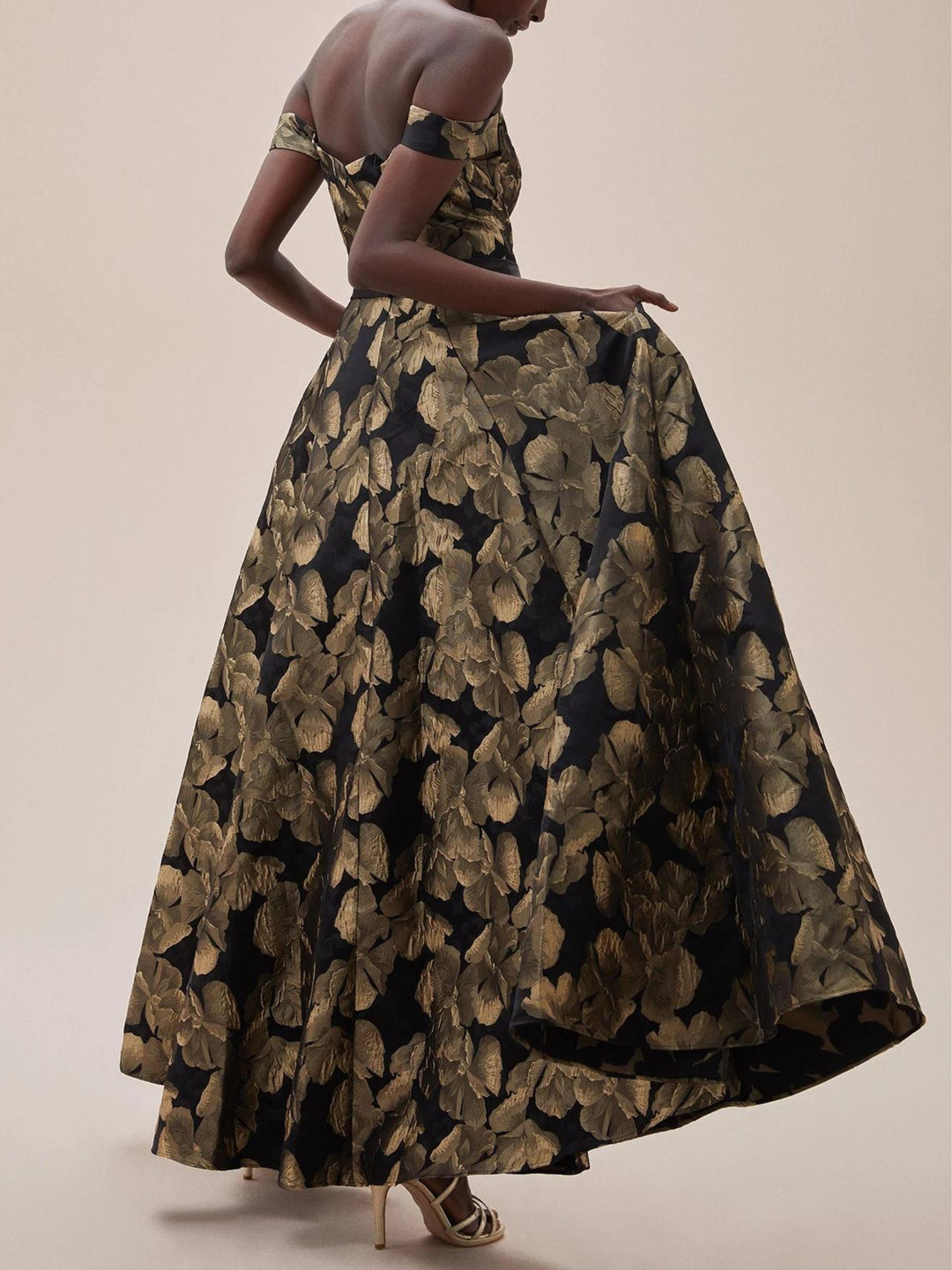 Robe de Soirée Trapèze/Princesse à Épaules Dénudées et Manches Courtes, Longueur Au Sol, avec Imprimé Floral