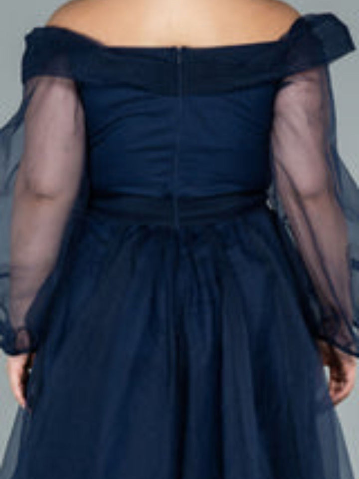 Robe de Soirée Trapèze/Princesse à Épaules Dénudées et Manches Longues Bouffantes avec Fente