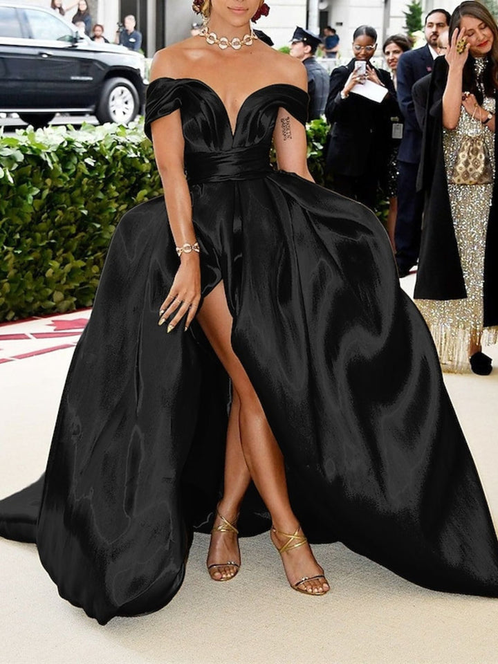 Robe de Soirée Trapèze/Princesse Sans Manches à Épaules Dénudées et Longueur Au Sol avec Fente Haute