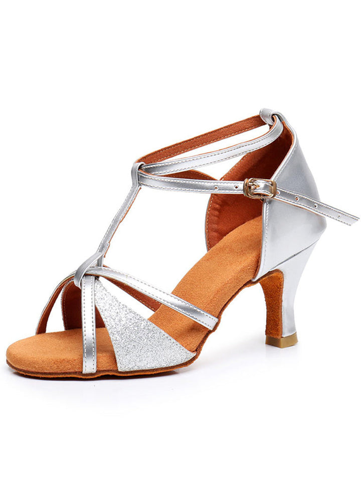 Chaussures de Danse pour Femmes, Chaussures Latines à Talons Hauts et Bout Ouvert avec Boucle à Paillettes Scintillantes et Strass