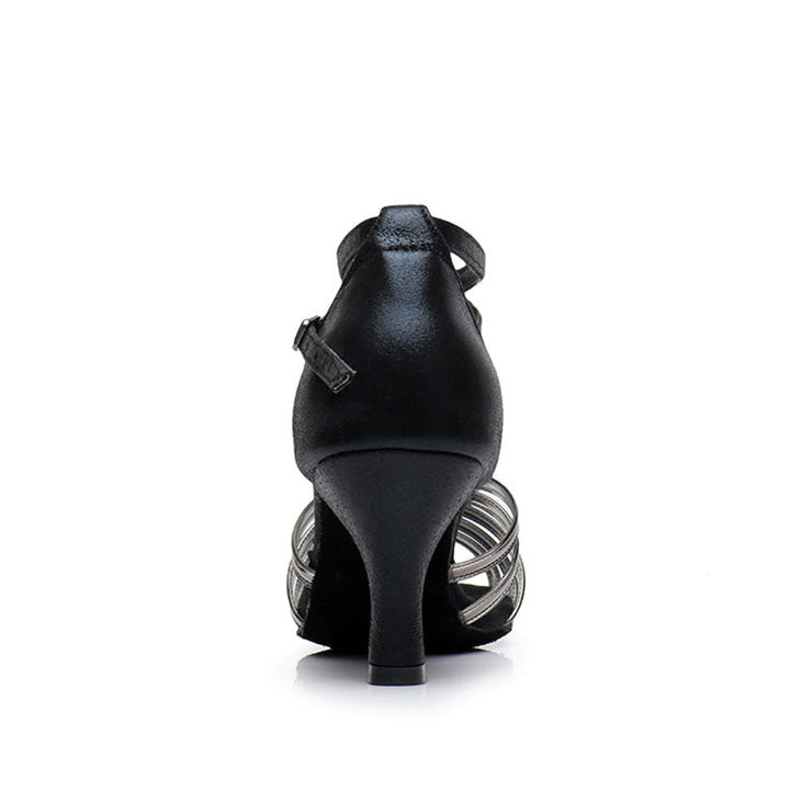 Chaussures de Danse pour Femmes, Chaussures Latines en Satin à Talon Bas et Bout Ouvert avec Bride à la Cheville et Fleurs