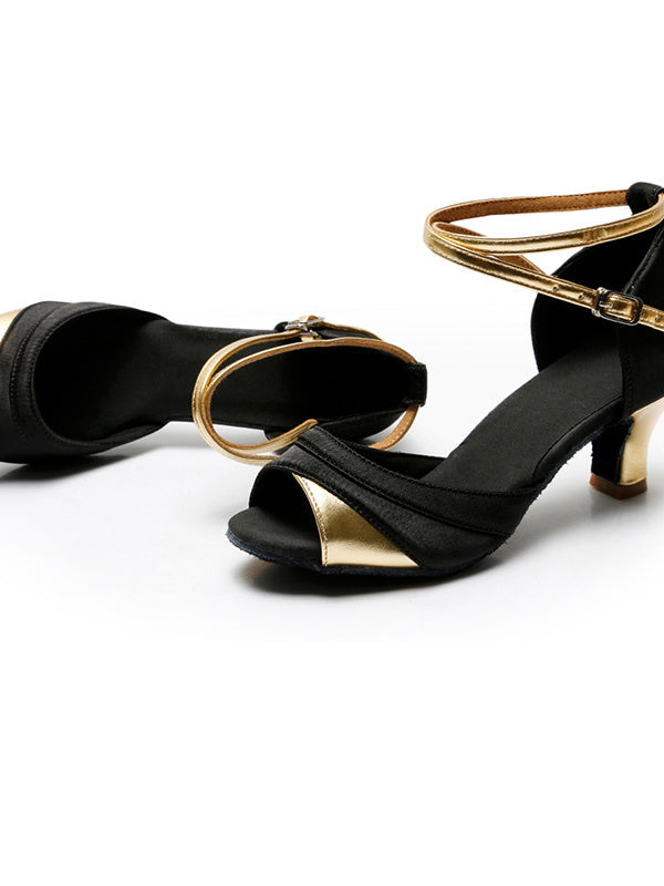 Chaussures de Danse pour Femmes avec Boucle et Bride à la Cheville, Talon et Bout Ouvert, Chaussures Latines en Satin Pu