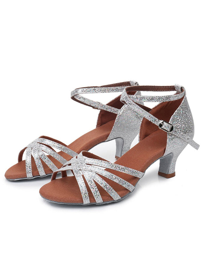 Chaussures de Danse pour Femmes, Chaussures de Danse Latine à Boucle, Talon Bas, Bout Ouvert, Paillettes