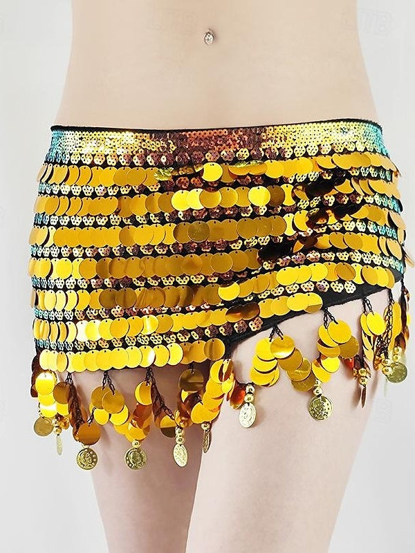 Ceinture de Danse Du Ventre en Polyester Pailleté pour Femme avec Pièce D'Or et Épissure de Couleur Pure