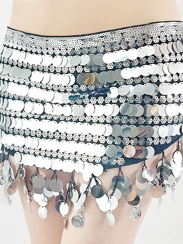 Ceinture de Danse Du Ventre en Polyester Pailleté pour Femme avec Pièce D'Or et Épissure de Couleur Pure
