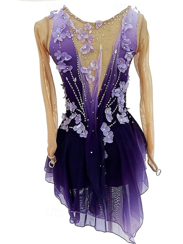 Robe de Patinage Artistique Violette à Manches Longues pour Femmes et Filles