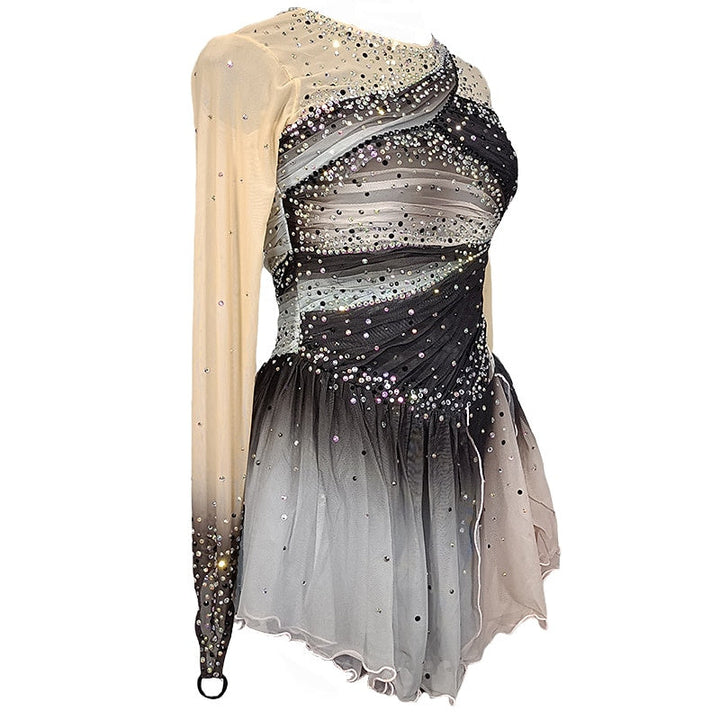 Robe de Patinage Artistique à Manches Longues pour Femmes et Filles, Tenue D'Entraînement Grise pour le Patinage Sur Glace