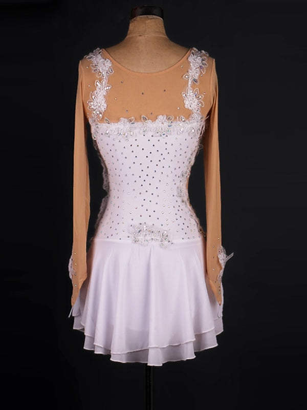 Robe de Patinage Artistique pour Femme en Dentelle Latine avec Cristaux/Strass et Manches Longues