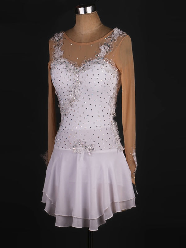 Robe de Patinage Artistique pour Femme en Dentelle Latine avec Cristaux/Strass et Manches Longues
