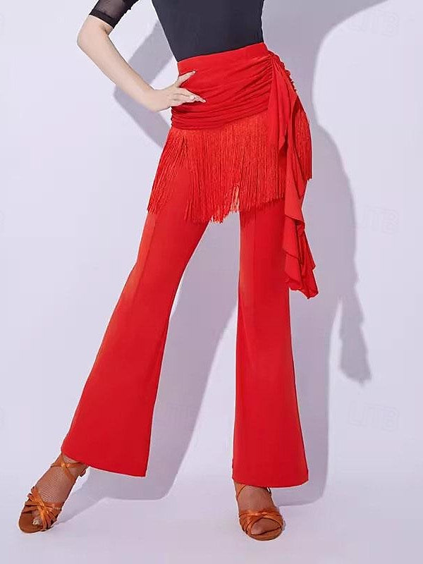Pantalon de Danse de Salon de Danse Latine à Pompons, Épissure de Couleur Pure, Entraînement de Performance pour Femmes, Fibre de Lait