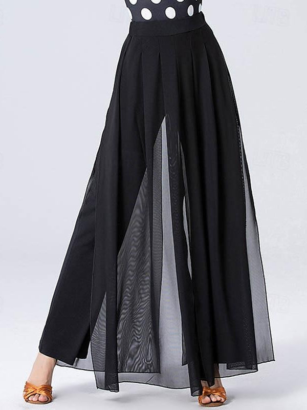 Pantalon de Danse de Salon de Danse Latine en Tulle Épissé de Couleur Pure pour Femme, Entraînement de Performance, Mélange de Polyester et de Coton