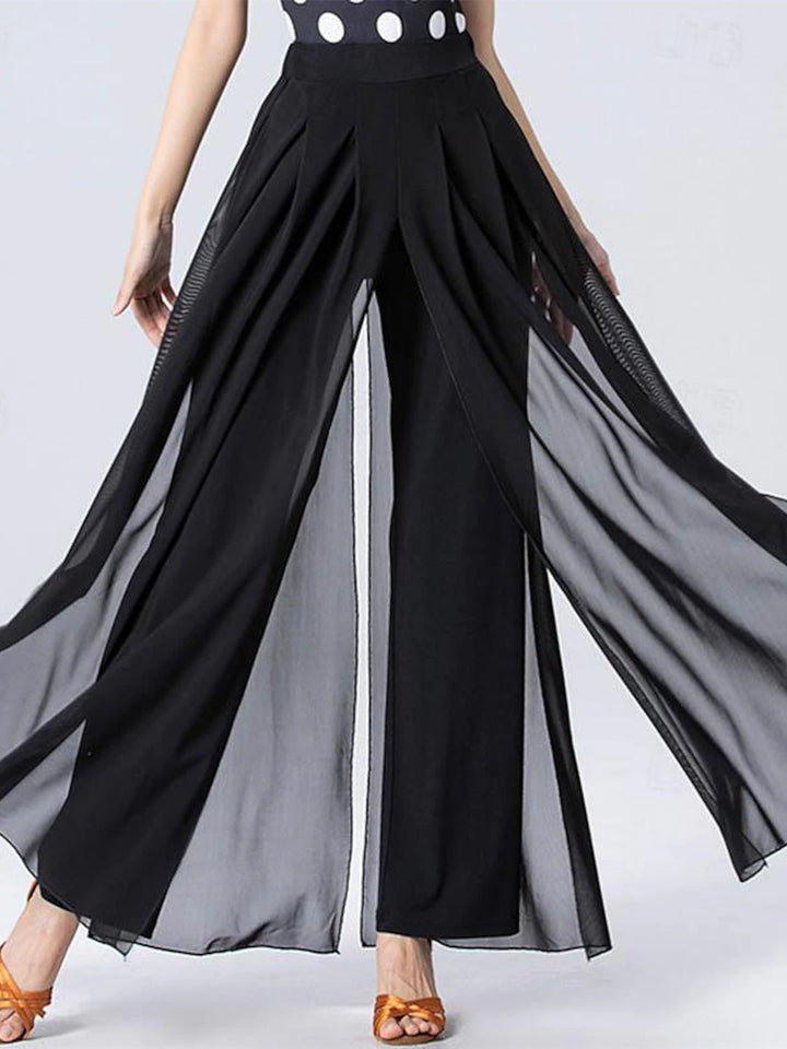 Pantalon de Danse de Salon de Danse Latine en Tulle Épissé de Couleur Pure pour Femme, Entraînement de Performance, Mélange de Polyester et de Coton