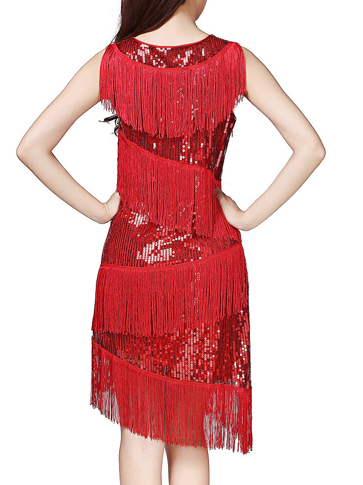 Robe de Danse de Salon Latine pour Femmes, Épissure de Glands, Couleur Pure, Entraînement de Performance, Sans Manches, Ronde