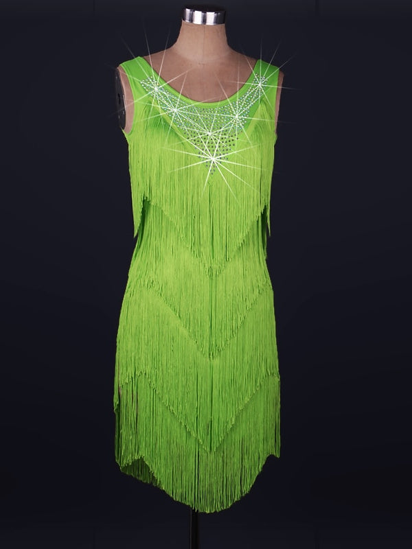 Robe De Danse Latine À Volants En Cristal/Strass Pour Femme, Sans Manches, En Élasthanne Et Dentelle