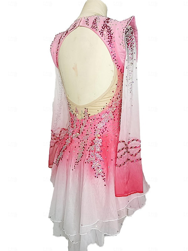 Robe de Patinage Artistique pour Femmes et Filles, Robe de Patinage Sur Glace Rose, Dos Ouvert en Patchwork, Maille Élasthanne, Extensible, Cristal/Strass