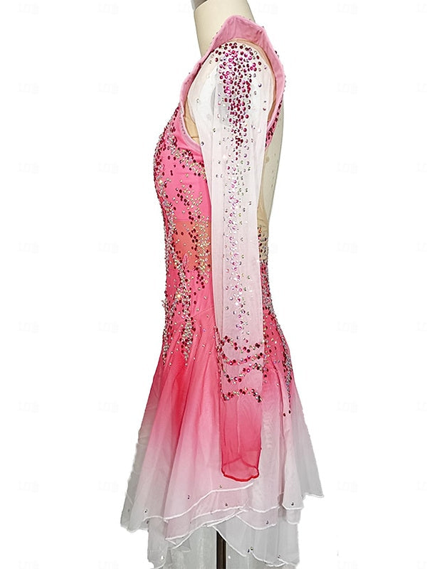 Robe de Patinage Artistique pour Femmes et Filles, Robe de Patinage Sur Glace Rose, Dos Ouvert en Patchwork, Maille Élasthanne, Extensible, Cristal/Strass