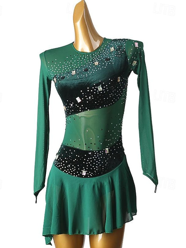 Robe de Patinage Artistique pour Femmes et Filles, en Maille Élasthanne, Haute Élasticité, Cristal/Strass, Vêtements de Danse, Robe de Patinage