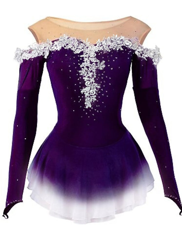 Robe de Patinage Artistique pour Femmes et Filles, Vêtements de Danse à Haute Élasticité, Robe de Patinage Sur Glace à Manches Longues