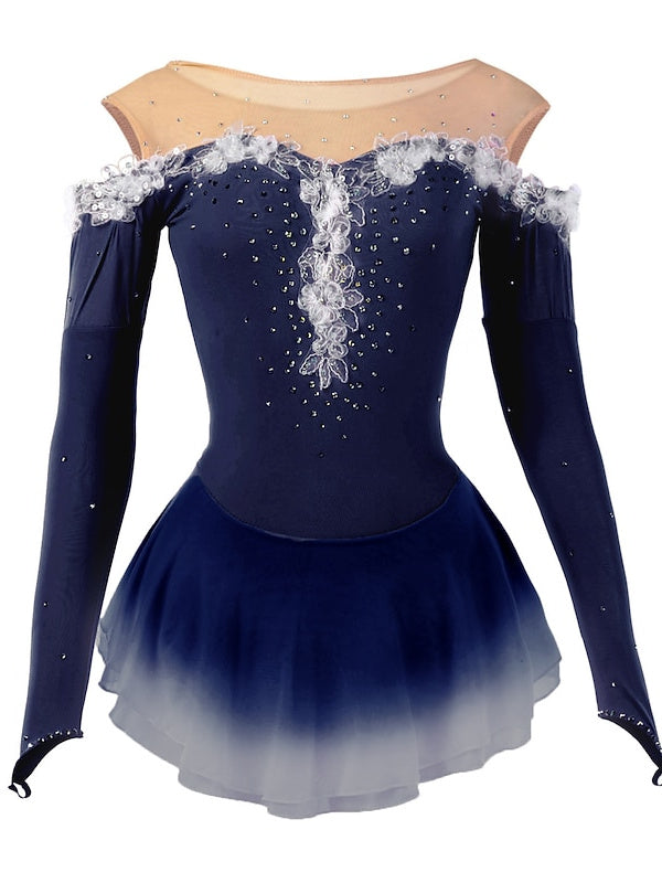 Robe de Patinage Artistique pour Femmes et Filles, Vêtements de Danse à Haute Élasticité, Robe de Patinage Sur Glace à Manches Longues