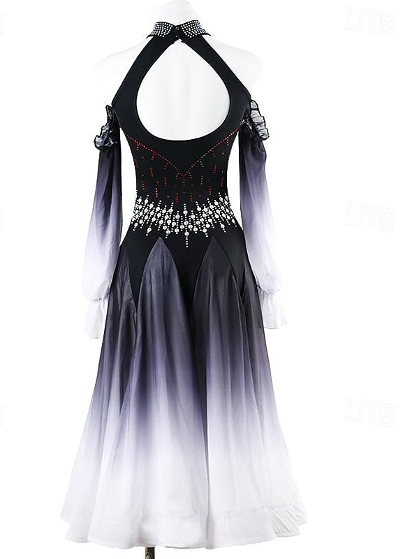 Robe de Danse de Salon pour Femmes, Tenue de Danse de Salon à Strass, Manches Longues pour Femmes