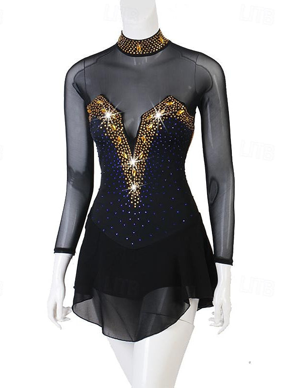 Robe De Danse Latine À Manches Longues Et Strass Pour Femme, Tenue De Performance, En Spandex Et Tulle