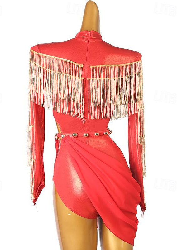 Robe de Danse Latine à Cristaux Dispersés pour Femmes, Tenue D'Entraînement de Performance à Manches Longues, Haut en Tulle Pu