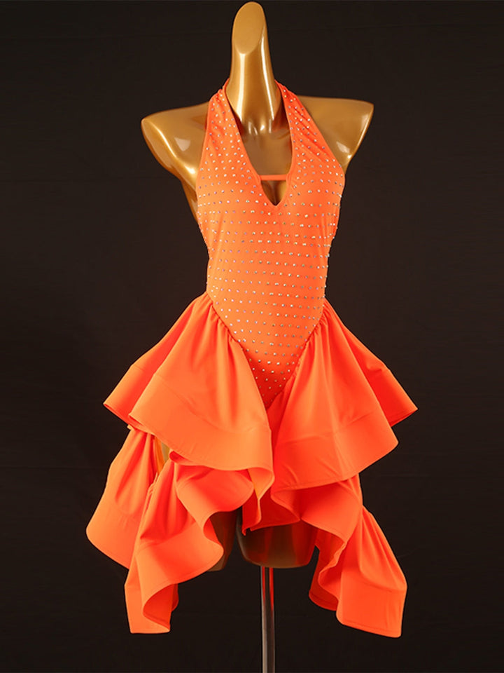 Robe De Danse Latine Salsa Couleur Pure, Cristaux/Strass, Pour Femme, Tenue D'Entraînement, Sans Manches, En Chinlon Et Élasthanne