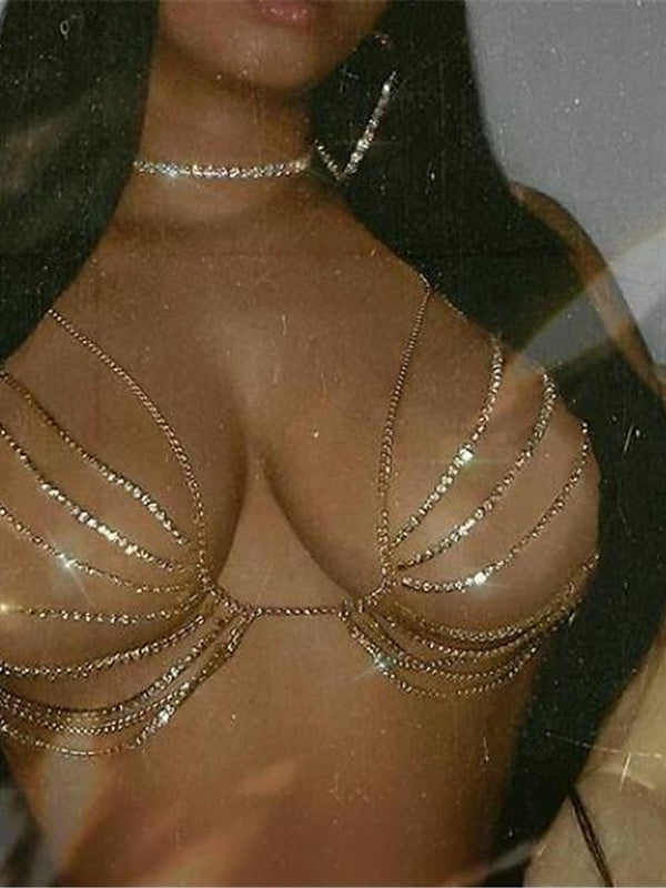 Accessoires de Danse Soutien-Gorge Strass Paillettes Chaîne en Métal Femmes Performance Formation Sans Manches Haute Alliage