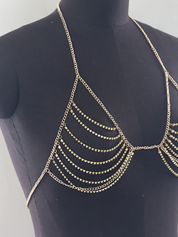 Accessoires de Danse Soutien-Gorge Strass Paillettes Chaîne en Métal Femmes Performance Formation Sans Manches Haute Alliage