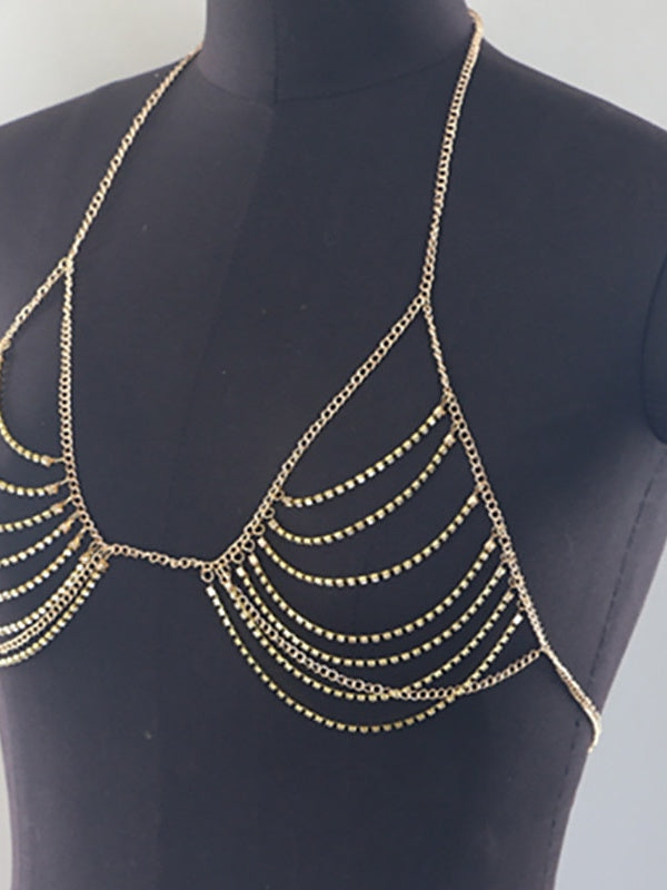 Accessoires de Danse Soutien-Gorge Strass Paillettes Chaîne en Métal Femmes Performance Formation Sans Manches Haute Alliage