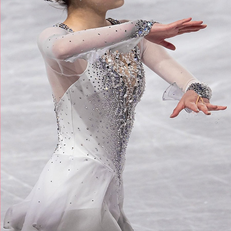 Robe de Patinage Artistique à Manches Longues pour Femmes et Filles, Tenue D'Entraînement Scintillante avec Strass