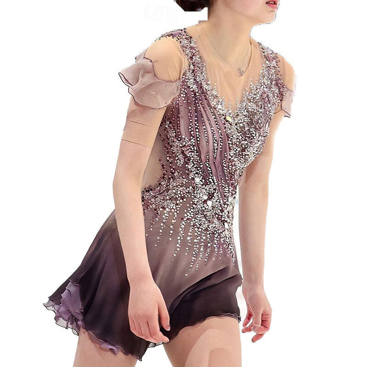 Robe de Patinage Artistique à Manches Courtes pour Femmes et Filles, Tenue D'Entraînement Scintillante pour le Patinage Sur Glace