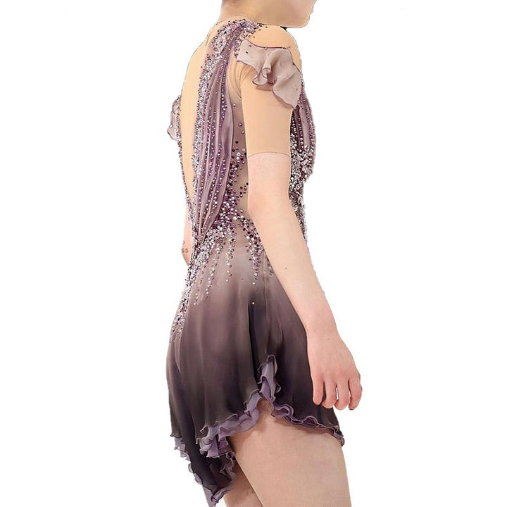 Robe de Patinage Artistique à Manches Courtes pour Femmes et Filles, Tenue D'Entraînement Scintillante pour le Patinage Sur Glace