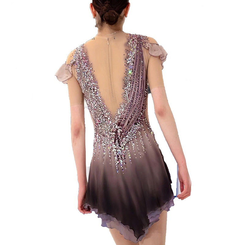 Robe de Patinage Artistique à Manches Courtes pour Femmes et Filles, Tenue D'Entraînement Scintillante pour le Patinage Sur Glace
