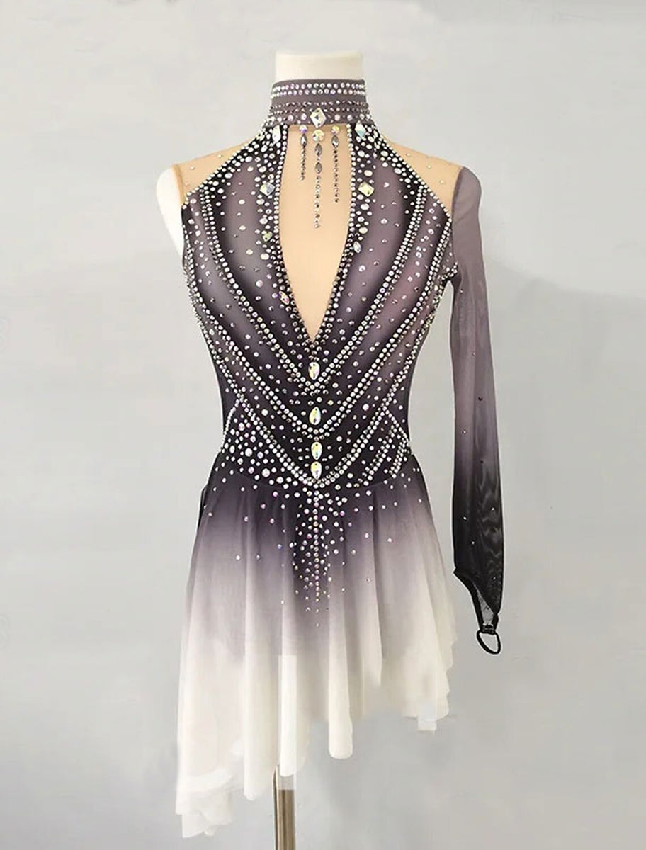 Robe D'Entraînement de Patinage Artistique à Col Montant pour Femmes et Filles, Grise et Scintillante
