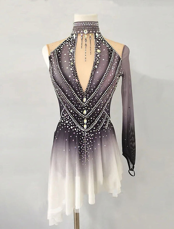 Robe D'Entraînement de Patinage Artistique à Col Montant pour Femmes et Filles, Grise et Scintillante