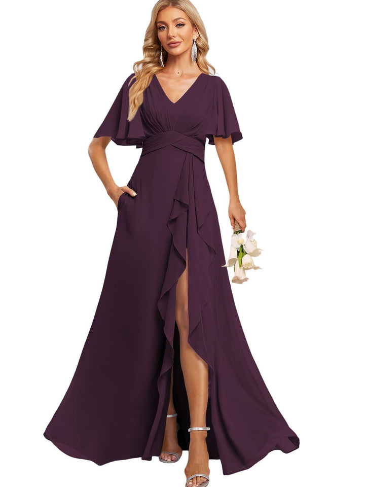 Ligne A Col en V Flutter Manche Floor Length  Robes de Demoiselle d'Honneur avec Poches  avec Slit Froufrous