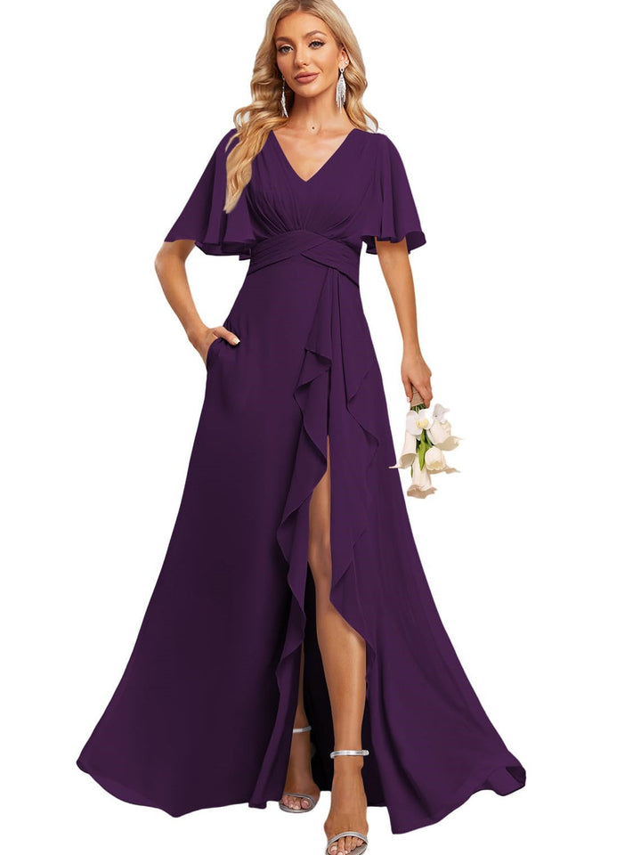 Ligne A Col en V Flutter Manche Floor Length  Robes de Demoiselle d'Honneur avec Poches  avec Slit Froufrous