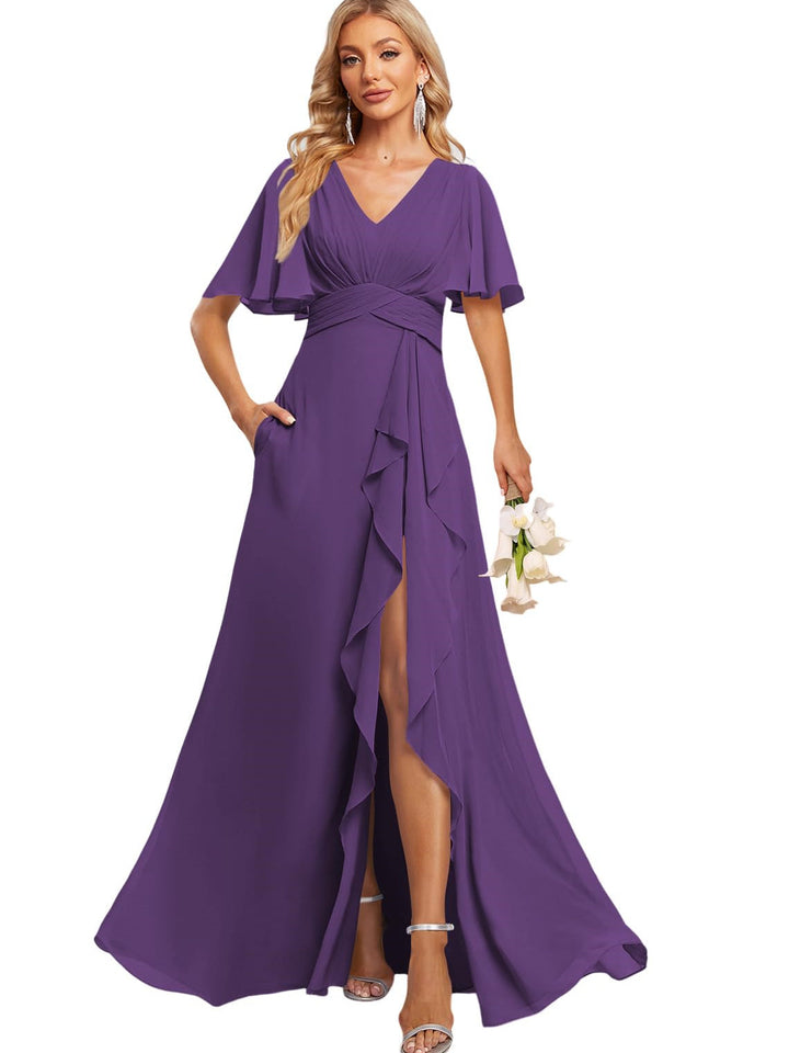 Ligne A Col en V Flutter Manche Floor Length  Robes de Demoiselle d'Honneur avec Poches  avec Slit Froufrous