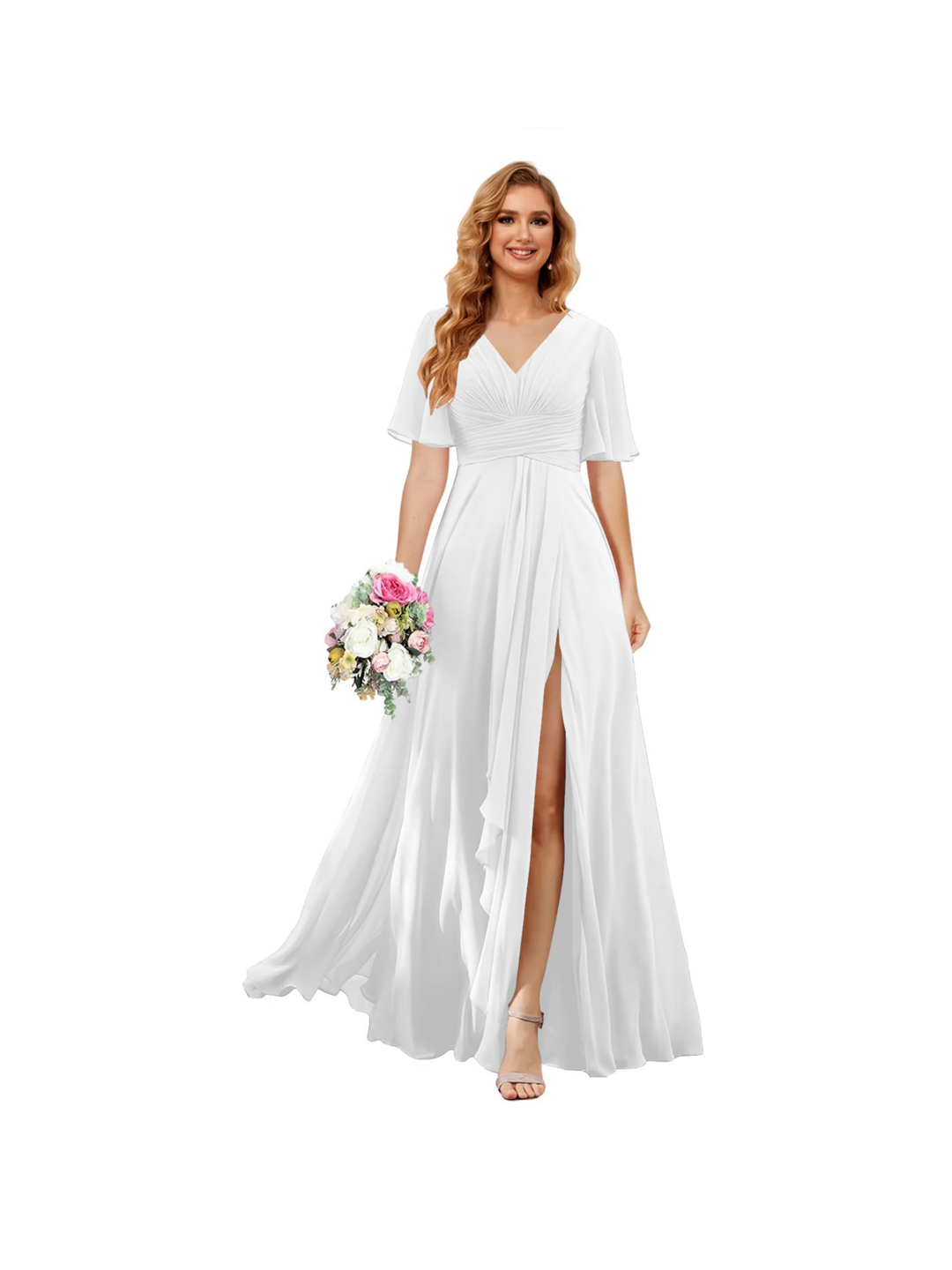 Ligne A/Princesse  Col en V Court Manche Floor Length  Robes de Demoiselle d'Honneur Mousseline avec Slit