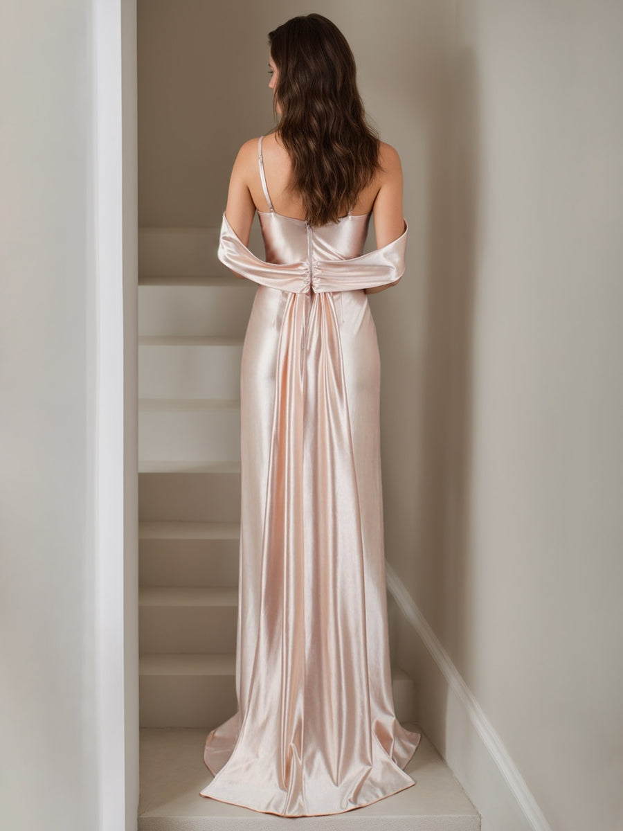 Gaine/Colonne Bretelles Spaghetti Sans Manches Sexy Robes de Demoiselle d'Honneur avec Côté Divisé & Watteau Train