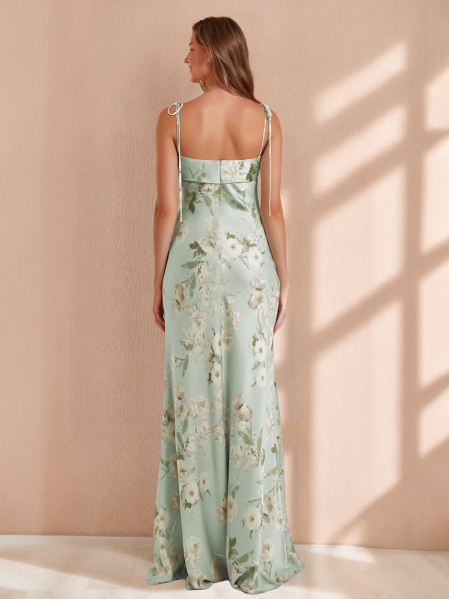 Gaine/Colonne Bretelles Spaghetti Sans Manches Printed Floral Long Robes de Demoiselle d'Honneur avec Froufrous