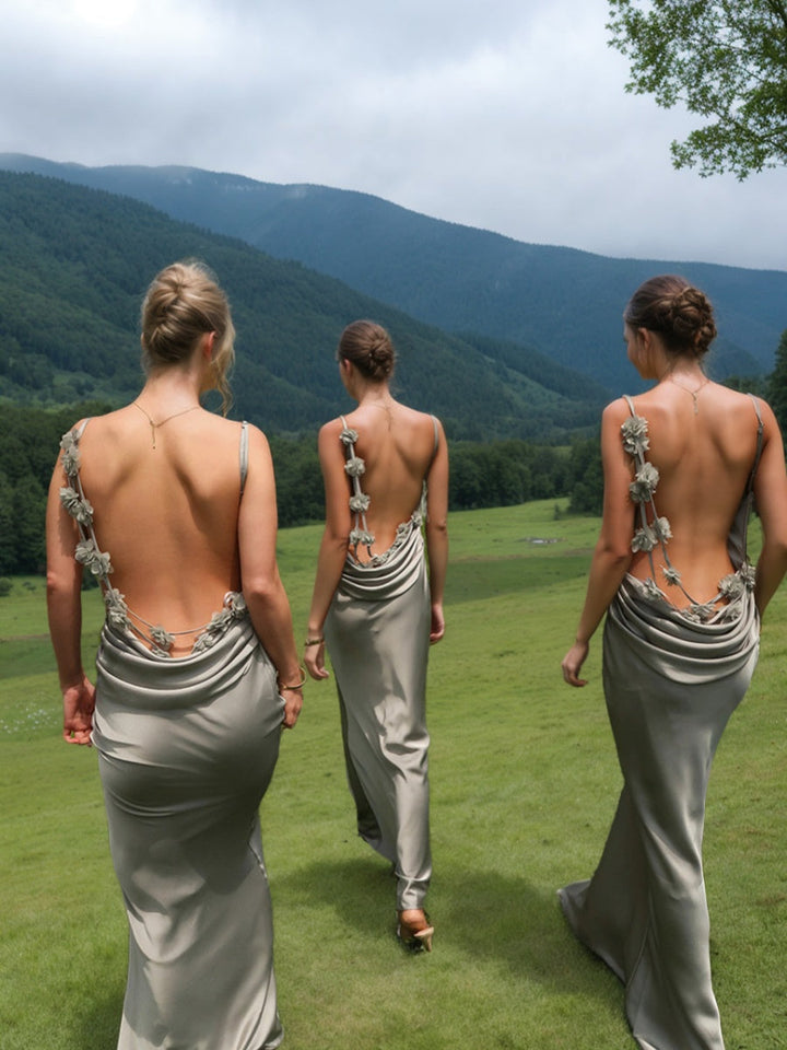 Gaine/Colonne Bretelles Spaghetti Col bénitier Dos Nu La Longueur du Sol Floral Robes de Demoiselle d'Honneur