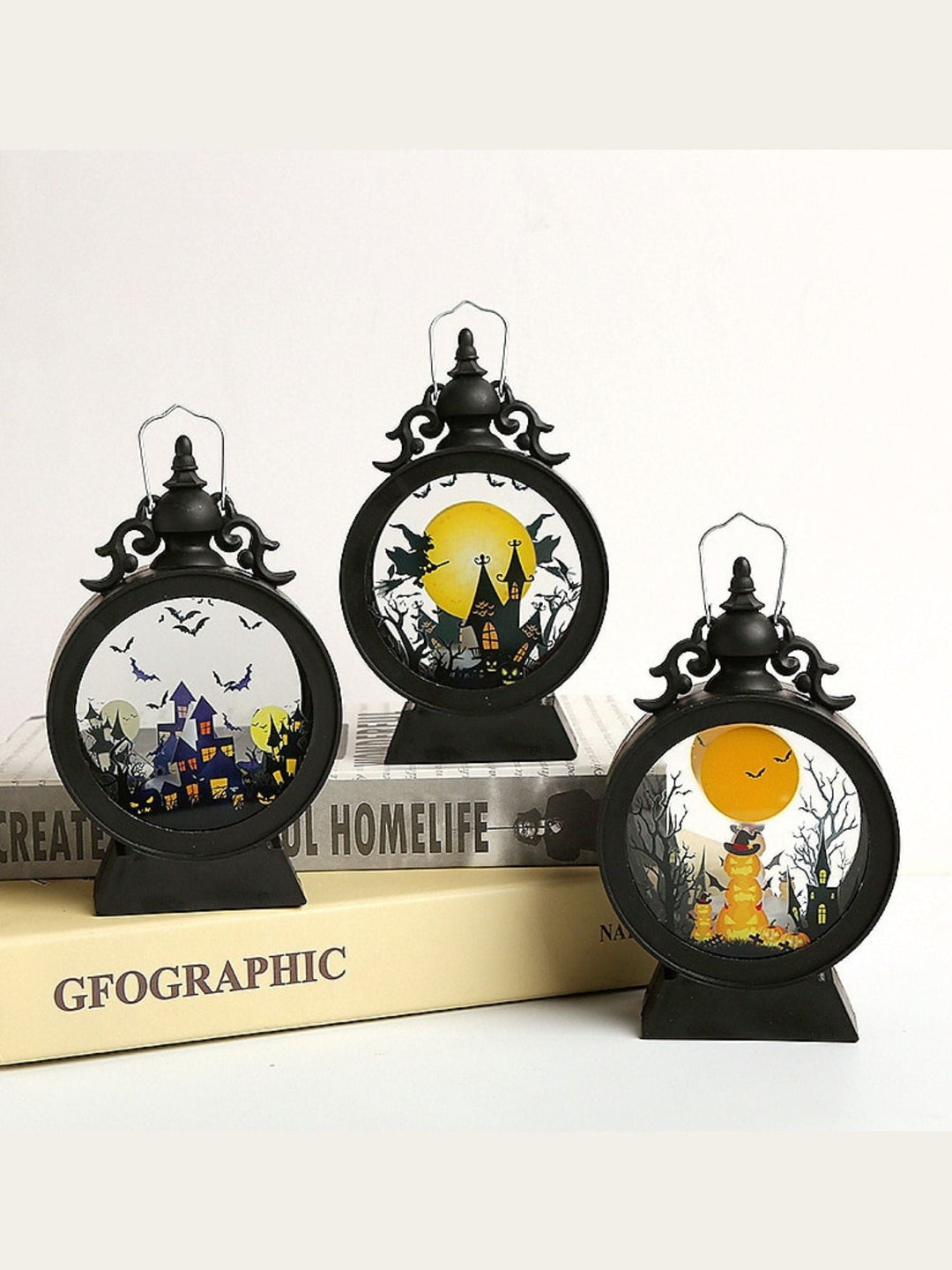 Lanterne Ronde Suspendue en Verre Rétro Noir, Accessoires de Jardin D'Halloween