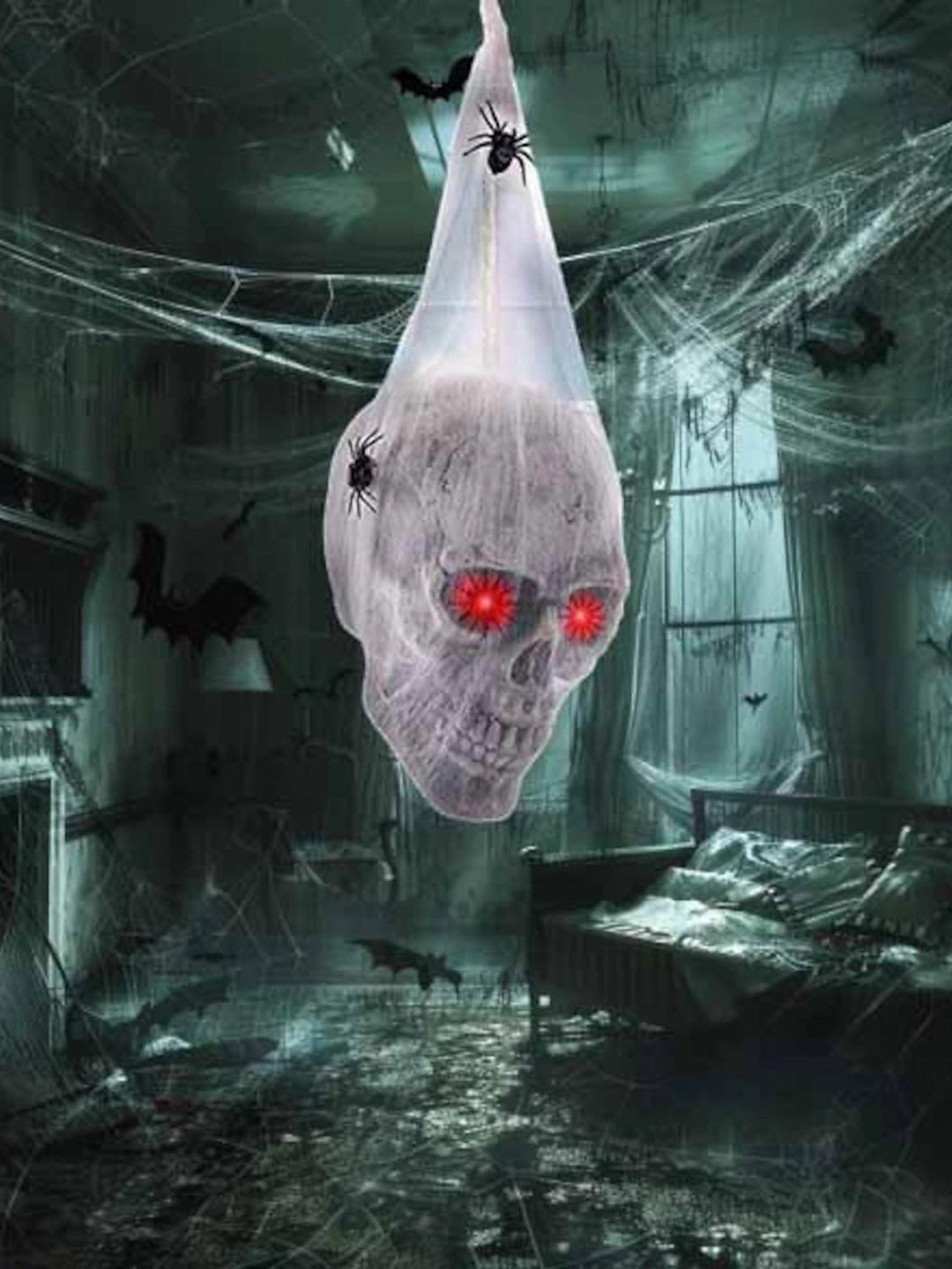 Décoration à Suspendre en Forme de Crâne et de Toile D'Araignée Aux Yeux Brillants pour Halloween